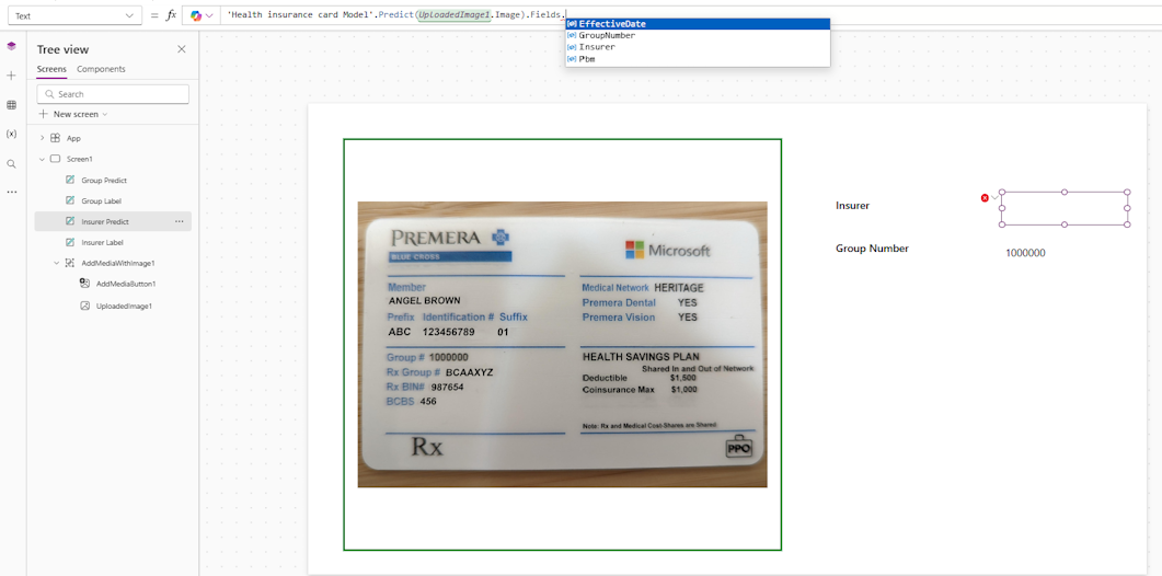 Screenshot of all available text fields for a health insurance card.