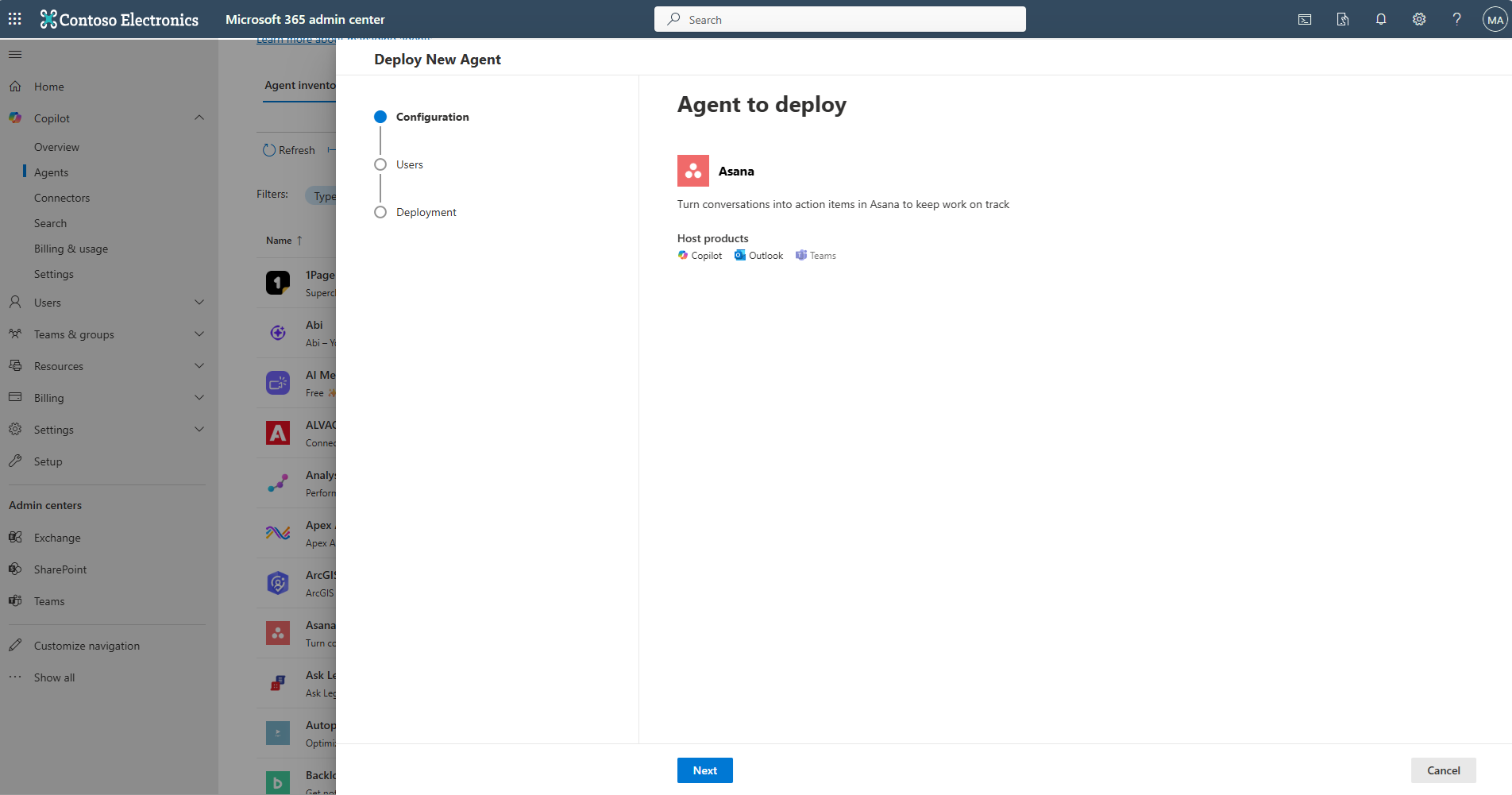 Screenshot showing the configuration screen to deploy an agent.