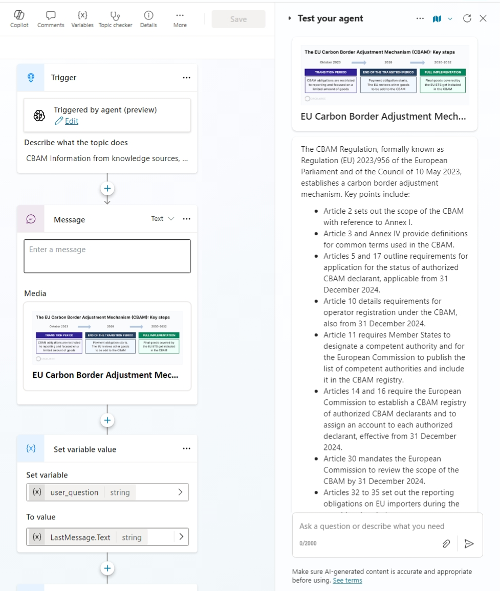 Screenshot showing the informational topic of the EU CBAM Estimator agent in Copilot Studio.