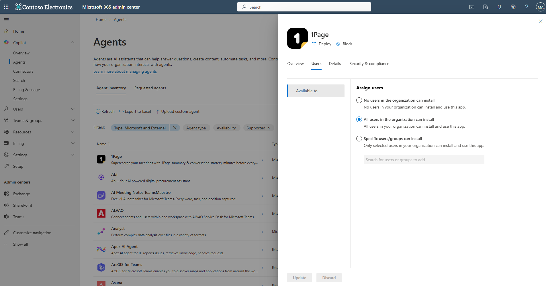 Screenshot showing the option to assign an agent to users in your organization.