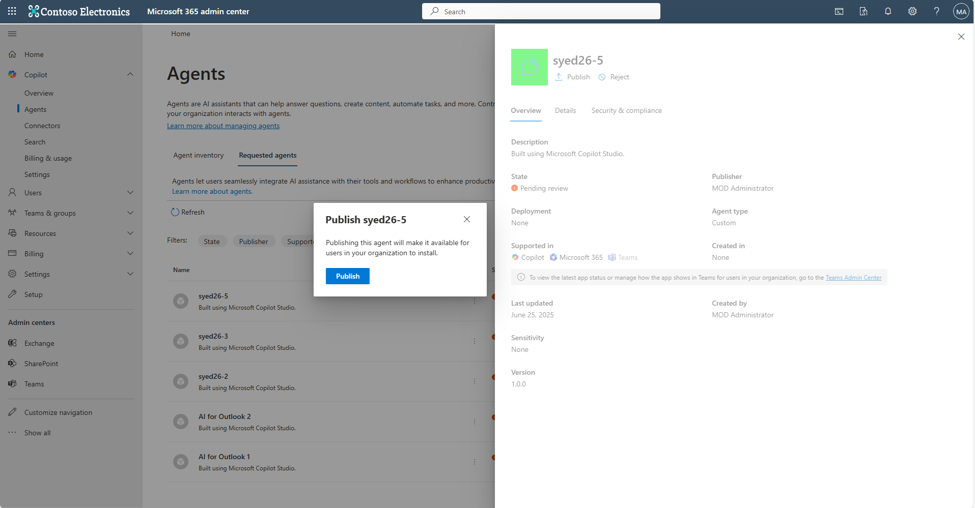 Screenshot showing the pop-up window to publish an agent.