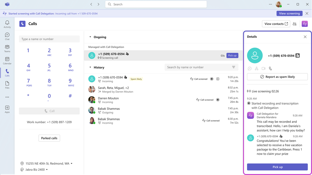 Copilot call delegation trong Teams Phone chặn và trả lời cuộc gọi thay người dùng
