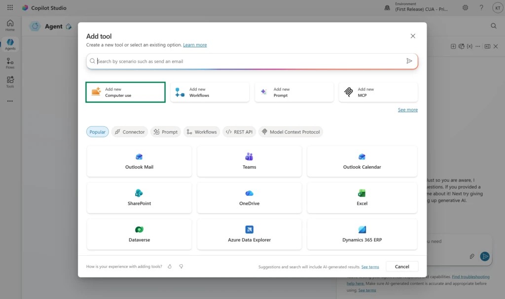Giao diện Copilot Studio với hộp thoại thêm Computer Use tool mới