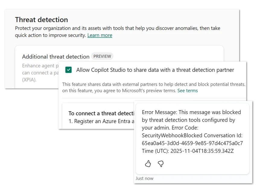 Giao diện Threat detection trong Copilot Studio với cảnh báo prompt injection bị chặn