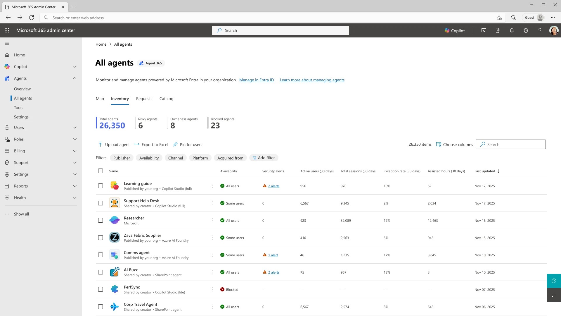 Màn hình All agents trong Microsoft 365 Admin Center với Agent 365, quản lý hơn 26.000 agent