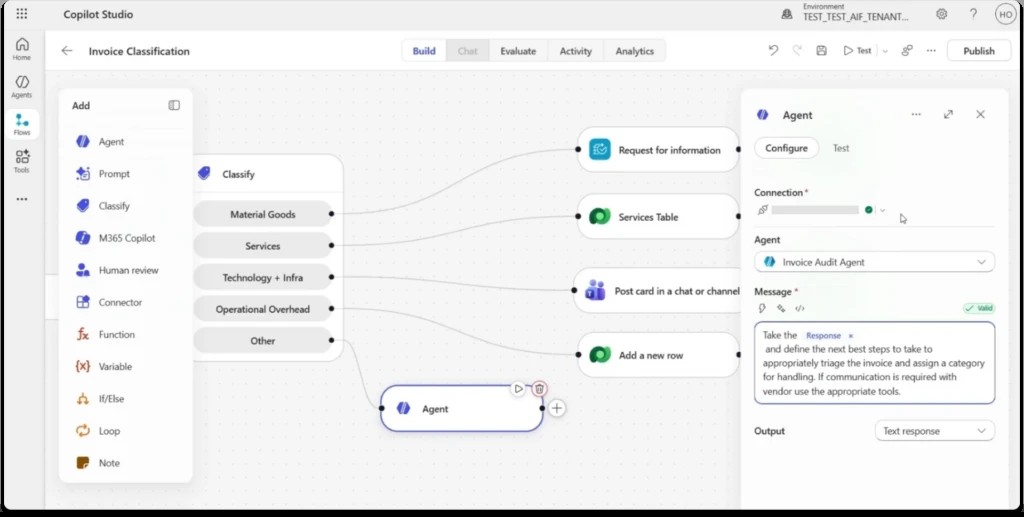 Node Agent trong trình soạn Workflow của Copilot Studio, ví dụ Invoice Classification