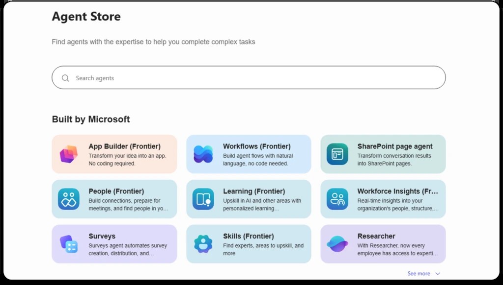 Giao diện Agent Store trong Copilot Studio với các agent do Microsoft xây dựng